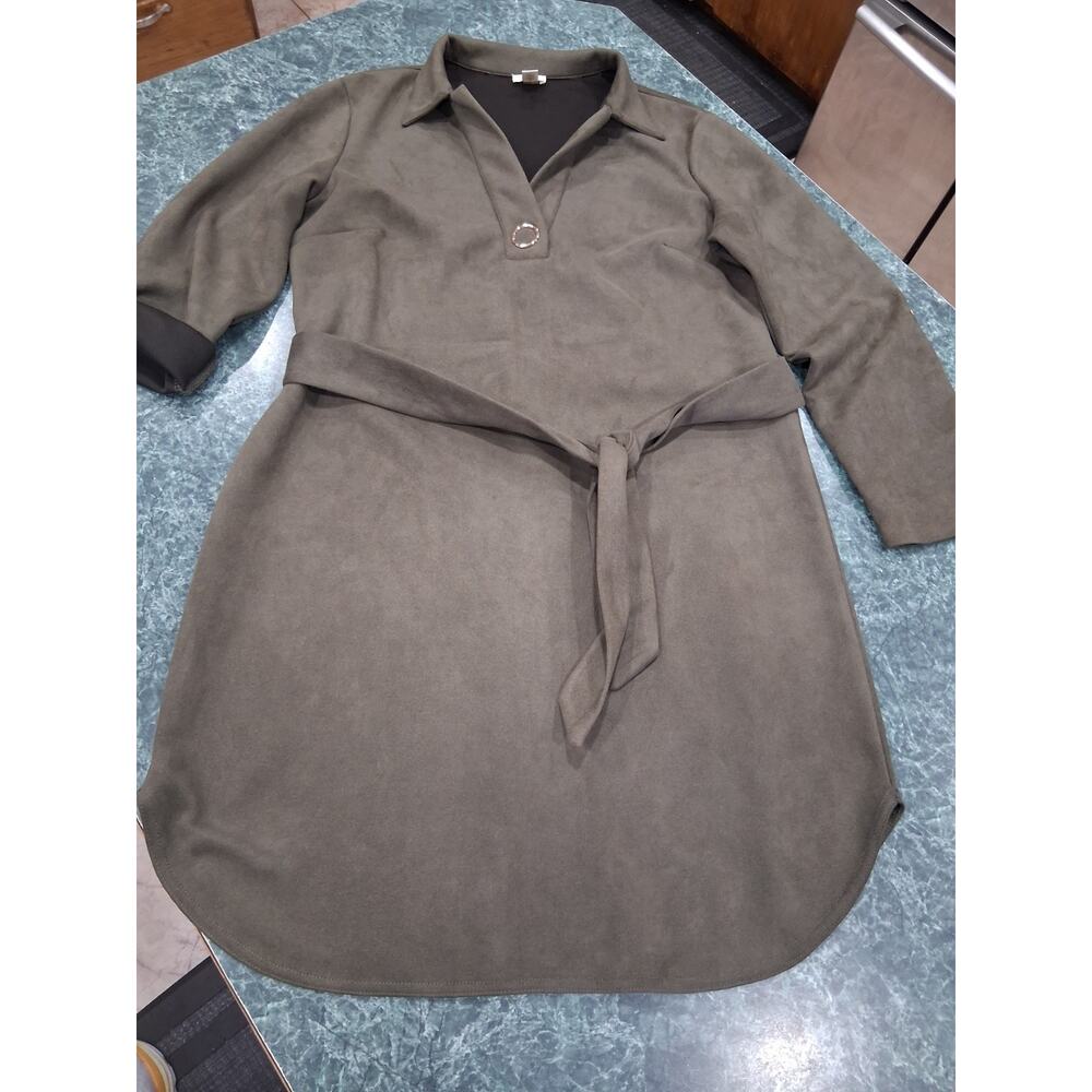 Suede Like Olive Green Belted Shirt Dress - Women